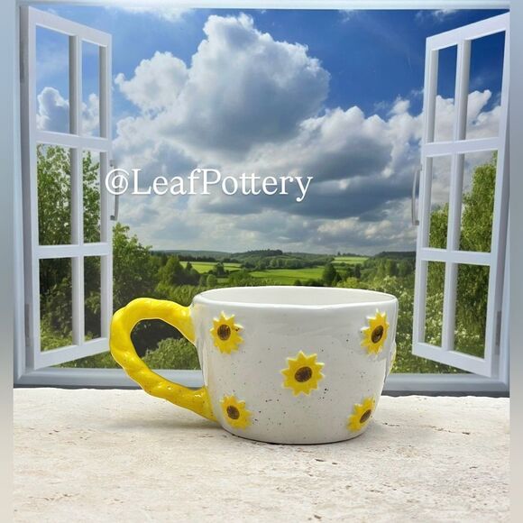 Sunflower Coffee Mug – 16oz Ceramic Cup with Handcrafted Floral Design - Picture 9 of 11